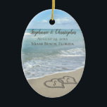 Beach Wedding Hearts in the Sand Elegant Ceramic Tree Decoration<br><div class="desc">Two interlocking beach wedding hearts drawn in the sand makes an elegant tropical ocean coastal nautical theme wedding,  matching set of items. Pretty turquoise water waves crashing on the shore and pastel blue sky.</div>