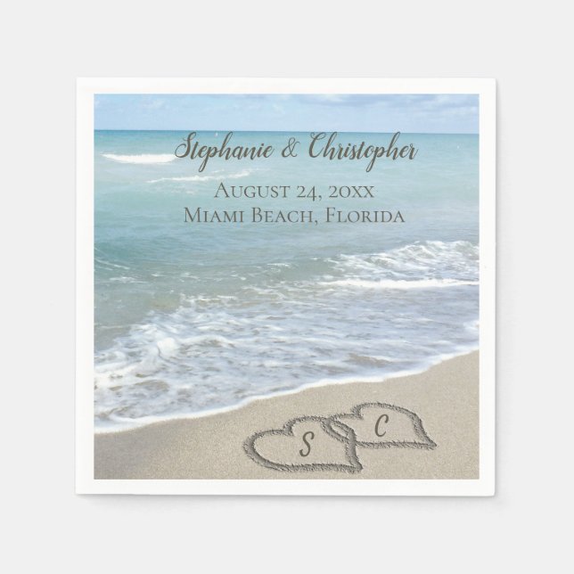 Beach Wedding Hearts in the Sand Elegant Napkin (Front)