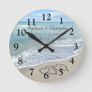 Beach Wedding Hearts in the Sand Elegant Round Clock
