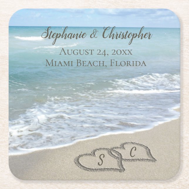 Beach Wedding Hearts in the Sand Elegant Square Paper Coaster (Front)