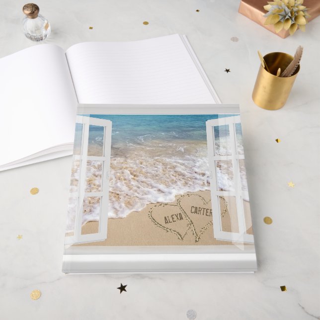 Beach Wedding Hearts in Window  Guest Book (Front Open)