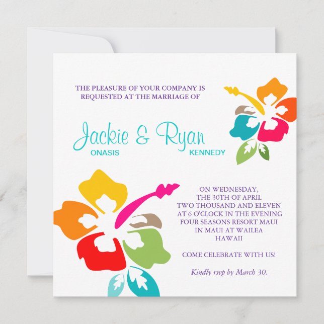 Beach Wedding Hibiscus Flower Colourful Invitation (Front)