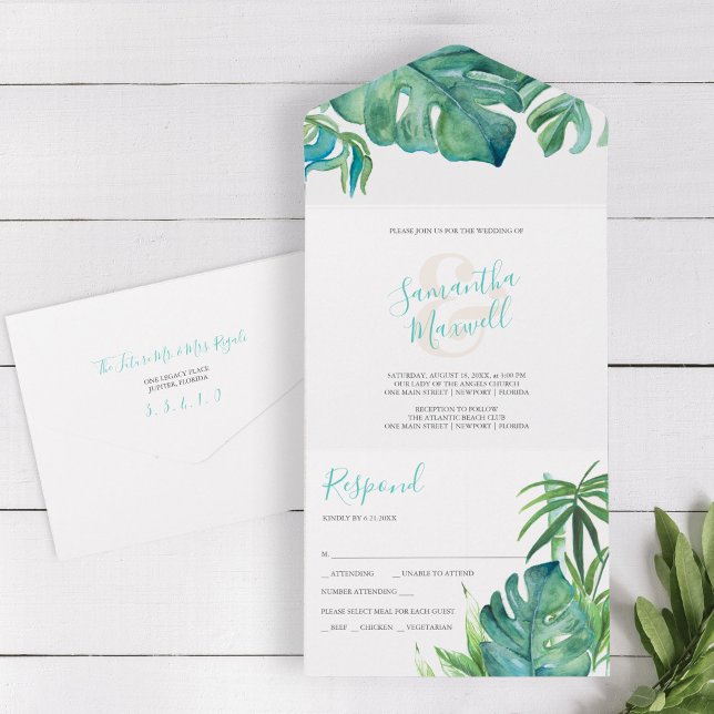 Beach Wedding In Florida Invitation with RSVP (tropical beach wedding all in one invitation features watercolor palm leaves. )