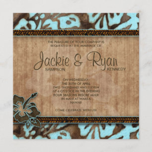 Beach Wedding Invitation Hibiscus Blue Brown