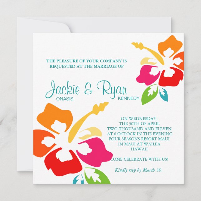 Beach Wedding Invitation Hibiscus Flower Colourful (Front)
