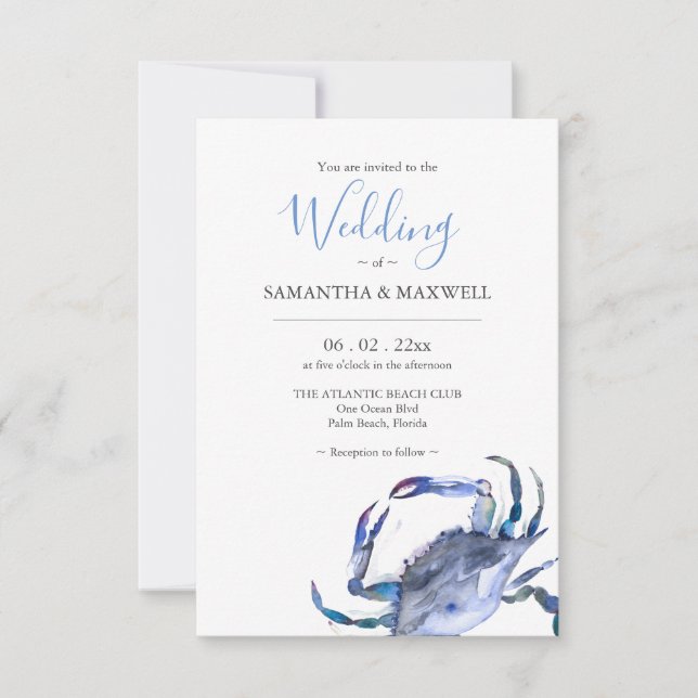 Beach Wedding Invitations Watercolor Crab (Front)