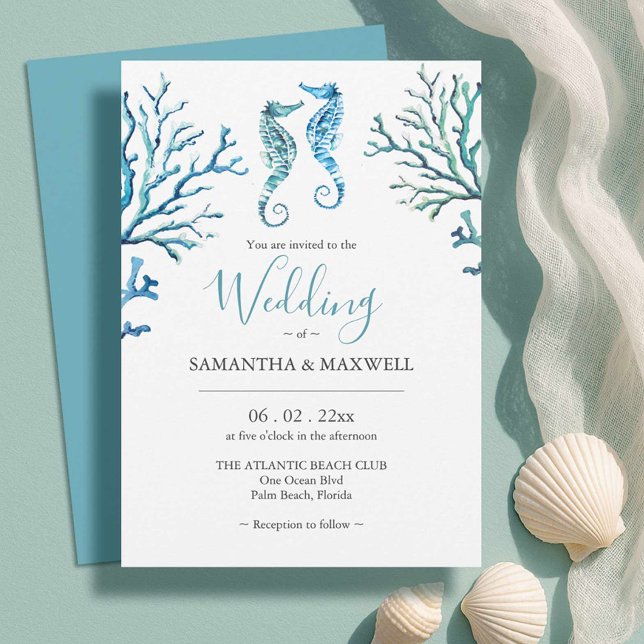 Beach Wedding Invitations Watercolor Seahorses (Beach wedding invitations unique watercolor seahorse art by Victoria Grigaliunas Do Tell A Belle)