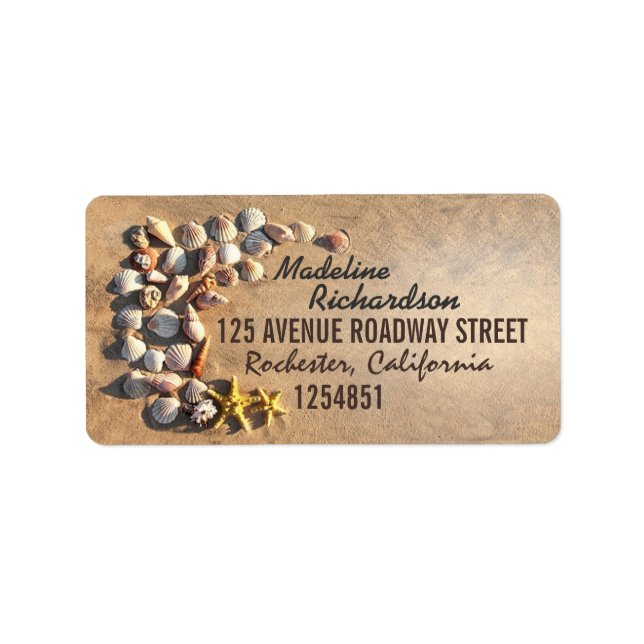 beach wedding labels with seashells & starfish (Front)