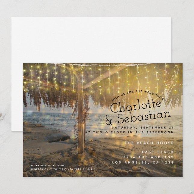 Beach Wedding Light String Personalised Invitation (Front/Back)