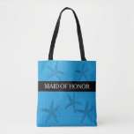 Beach wedding Maid of Honour ocean blue burlap Tote Bag<br><div class="desc">Modern Beach wedding bag. Starfish on ocean blue burlap burlap,  Maid of Honour,  name at the back.
You can easily change the name at the back.</div>