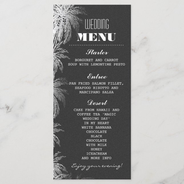 beach wedding menu cards with chalkboard palm tree (Front)