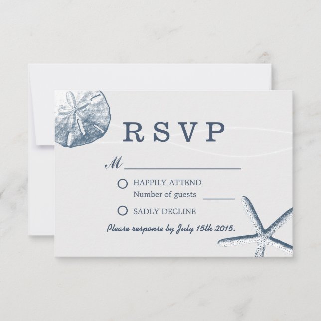 Beach Wedding Minimal Sand Dollar & Starfish RSVP Card (Front)