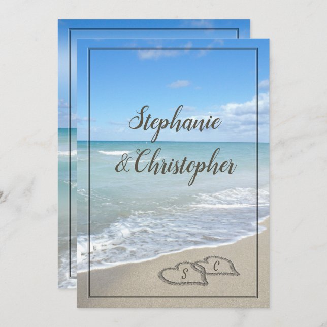 Beach Wedding Monogram Hearts in the Sand Invitation (Front/Back)