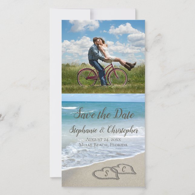 Beach Wedding Monogram Hearts in the Sand Save The Date (Front)
