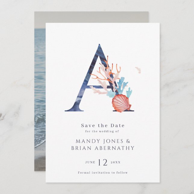 Beach Wedding Monogram Photo Save the Date (Front/Back)