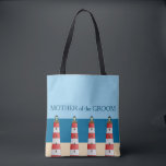 Beach wedding Mother Groom lighthouses sand sea. Tote Bag<br><div class="desc">Modern Beach wedding bag. Lighthouses on and sand,  beach,  ocean and blue sky background,  Mother of the Groom,  name at the back.
You can easily change the name at the back.</div>