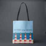Beach wedding Mother Groom lighthouses sand sea. Tote Bag<br><div class="desc">Modern Beach wedding bag. Lighthouses on and sand,  beach,  ocean and blue sky background,  Mother of the Groom,  name at the back.
You can easily change the name at the back.</div>