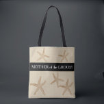 Beach wedding Mother of groom sand burlap Tote Bag<br><div class="desc">Modern Beach wedding bag. Starfish on sand colour faux burlap,  Mother of the Groom,  name at the back.
You can easily change the name at the back.</div>