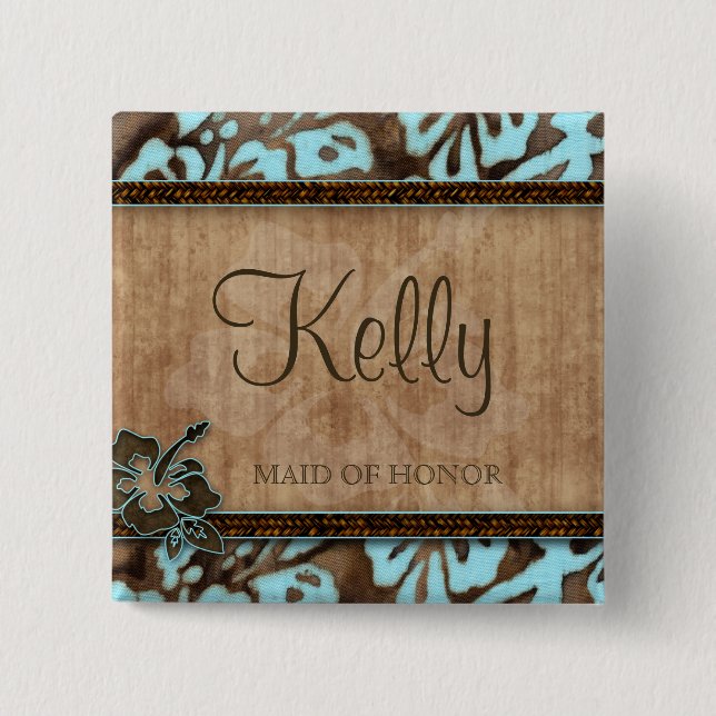Beach Wedding Name Tag Button Luau Blue Brown (Front)