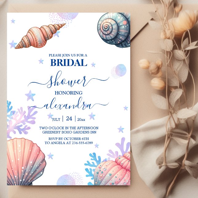 Beach Wedding Navy Blue Seashells Bridal Shower Invitation (Creator Uploaded)
