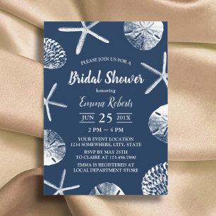 Beach Wedding Navy Blue Seashells Bridal Shower Invitation