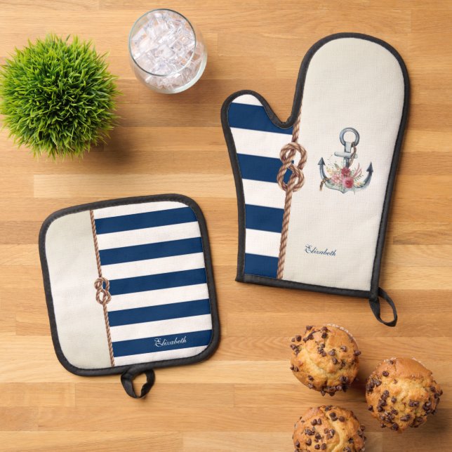 Beach Wedding Navy Rope,Striped Reception  Oven Mitt & Pot Holder Set (Top Down)