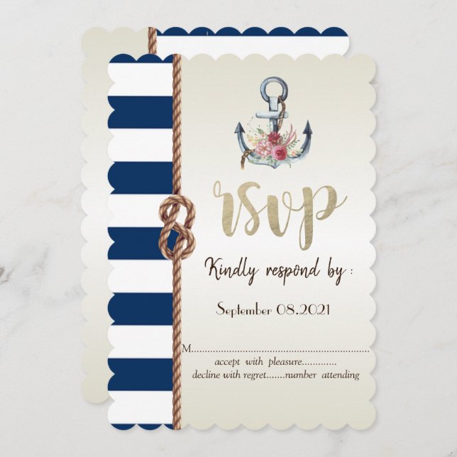 Beach Wedding Navy Rope,Striped  RSVP   Invitation (Front/Back)
