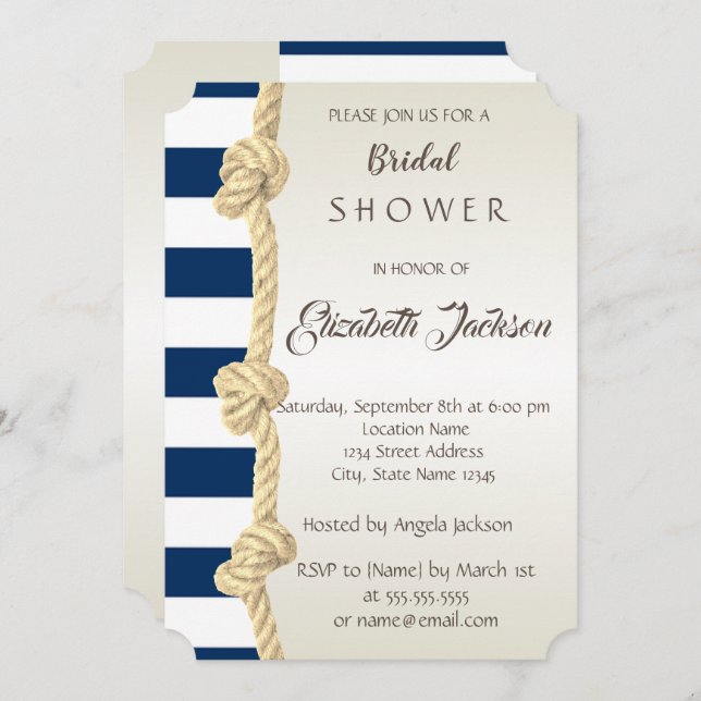 Beach Wedding,Navy Rope,Stripes  Bridal Shower Invitation (Front/Back)