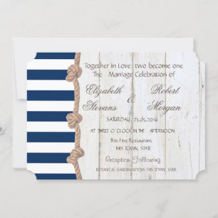 Beach Wedding Navy Rope ,Stripes,Wood  Invitation