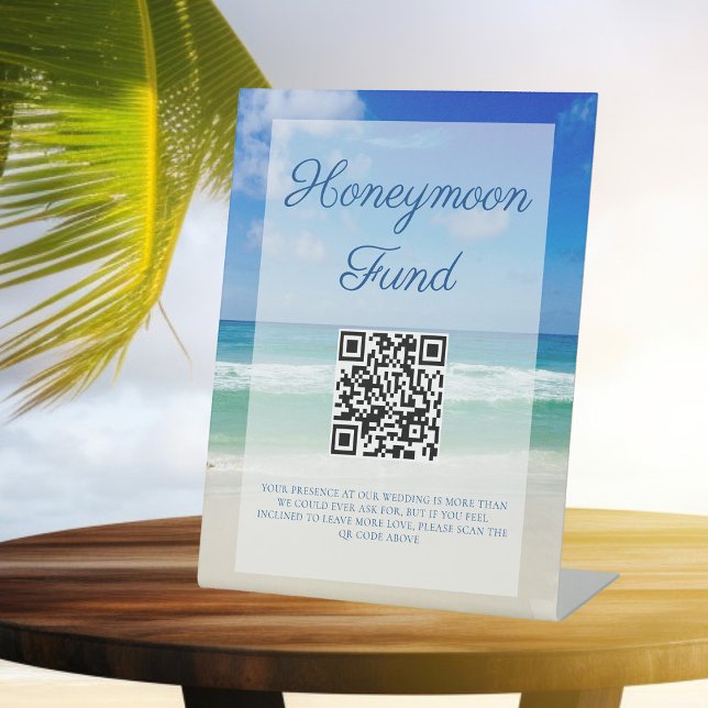 Beach Wedding Ocean Waves Photo Honeymoon Fund Pedestal Sign (Creator Uploaded)