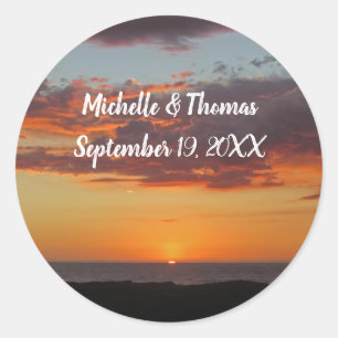 Beach Wedding Orange Evening Sky Ocean Sunset Classic Round Sticker