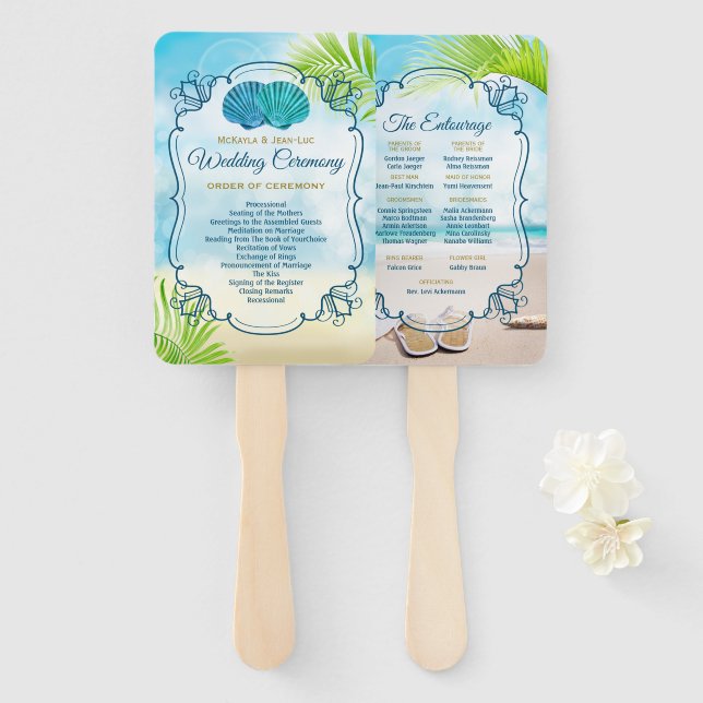 Beach Wedding Order of Ceremony Entourage Palm Hand Fan (Front and Back)