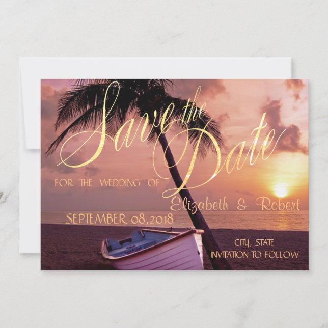 Beach Wedding Palm, Sunset, Boat  Save The Date (Front)
