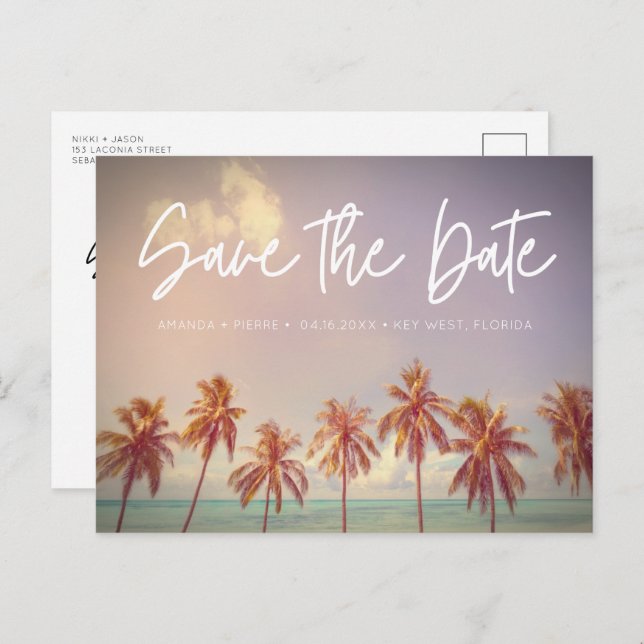 Beach Wedding Palm Tree Budget Save the Date Announcement Postcard (Front/Back)