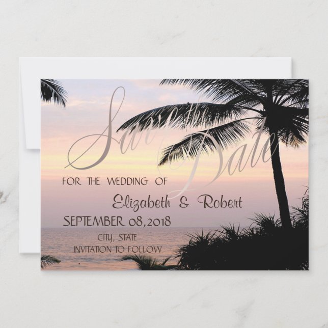 Beach Wedding Palms Sunset  Save The Date (Front)