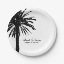 Beach wedding party plates with exotic palm tree