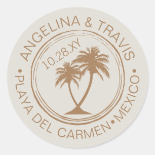 Beach Wedding Passport Stamp with Palm Tree Classic Round Sticker