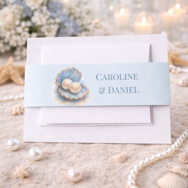 Beach Wedding Pearls Shell Elegant Ocean Theme  Invitation Belly Band (Creator Uploaded)