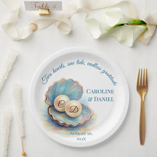 Beach Wedding Pearls Shell Elegant Ocean Theme  Paper Plate (Wedding)