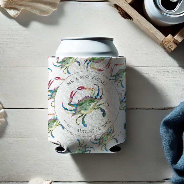 Beach Wedding Personalised Can Coolers (Beach wedding can coolers watercolor crab art by Victoria Grigaliunas Do Tell A Belle Personalized)
