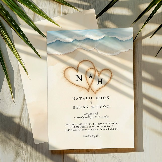 Beach Wedding Photo Invitation with Sand Hearts (Tropical Beach Wedding Invite)