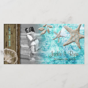 Beach Wedding Photocard Seashell Blue Wood Save The Date