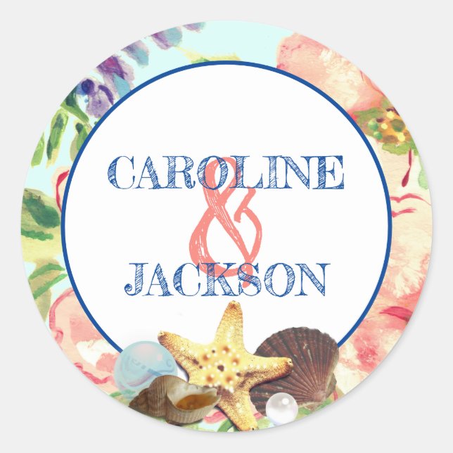 Beach Wedding Pink Floral Starfish Pearl Coral Classic Round Sticker (Front)