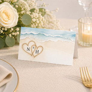 Beach Wedding Place Card with Sand Hearts Design