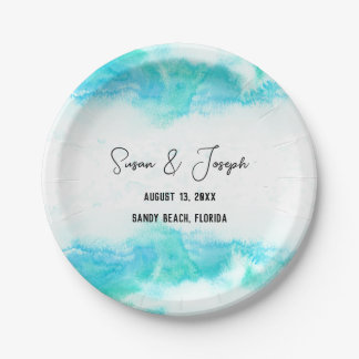 Beach Wedding Program Blue Waves Paper Plate