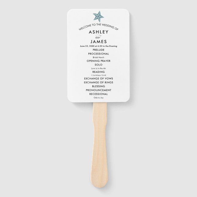 Beach Wedding Program Fan with Starfish, Blue Grey (Front)