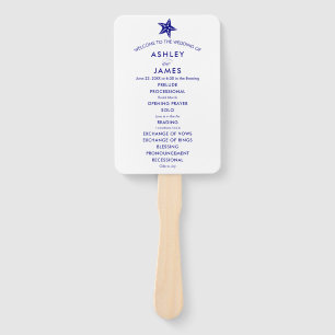 Beach Wedding Program Fan with Starfish, Navy Blue