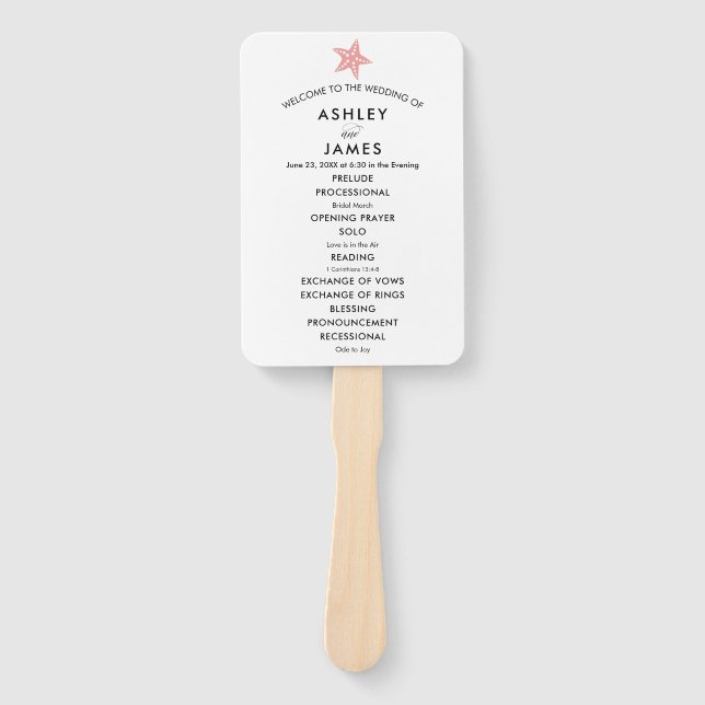Beach Wedding Program Fan with Starfish, Pink (Front)