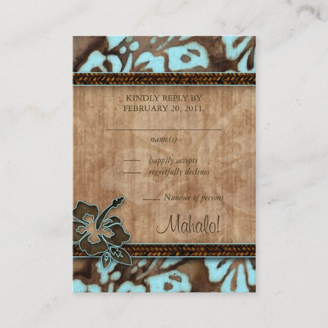 Beach Wedding Response Cards Hibiscus Blue Brown (Front)