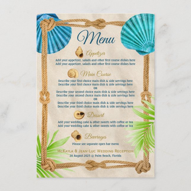 Beach Wedding Rope Reception Dinner Party Course Menu (Front)